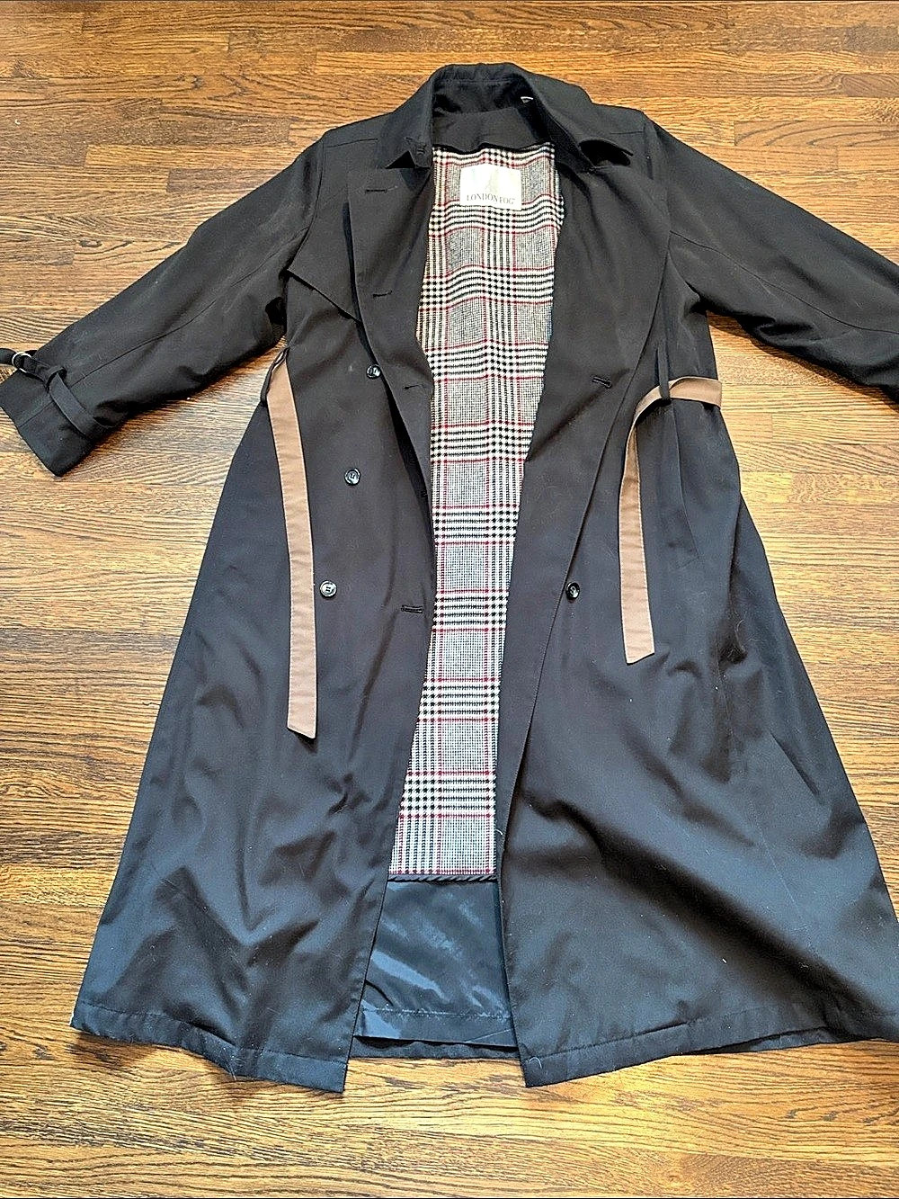 London Fog Plaid Lined Trench Coat in Black